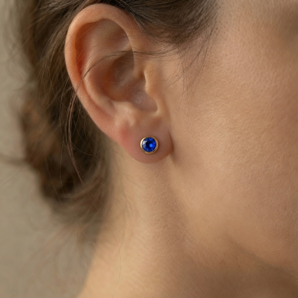 Bezel Solitaire Studs – blue stone – close-up detail | 925 Sterling Silver Jewelry by Cilhouette
