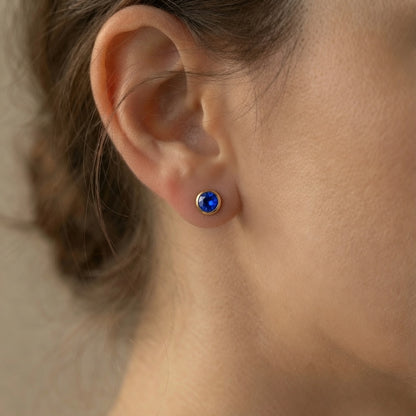 Bezel Solitaire Studs – blue stone – close-up detail | 925 Sterling Silver Jewelry by Cilhouette