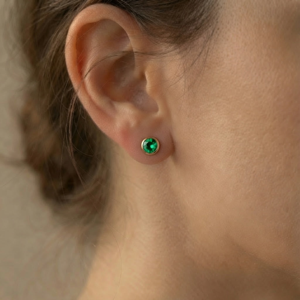 Bezel Solitaire Studs – green stone – close-up detail | 925 Sterling Silver Jewelry by Cilhouette