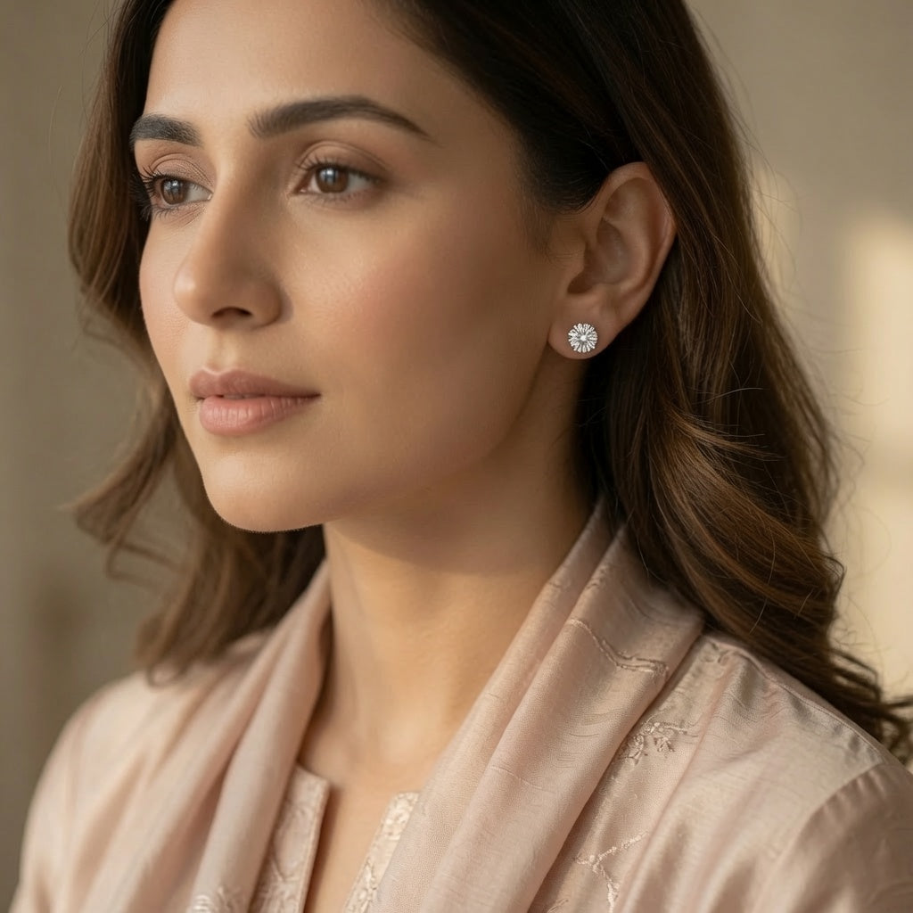 Classic Solitaire Studs – worn by model | 925 Sterling Silver Jewelry by Cilhouette