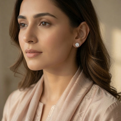 Classic Solitaire Studs – worn by model | 925 Sterling Silver Jewelry by Cilhouette