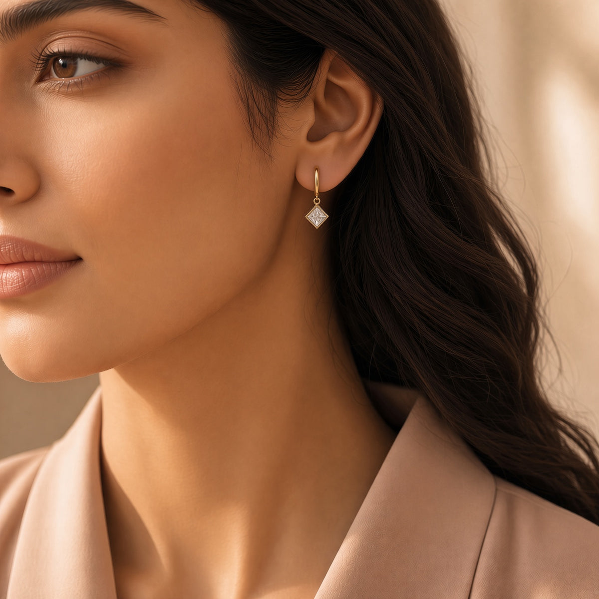 Drop Diamond Hoops – worn by model | 925 Sterling Silver Jewelry by Cilhouette