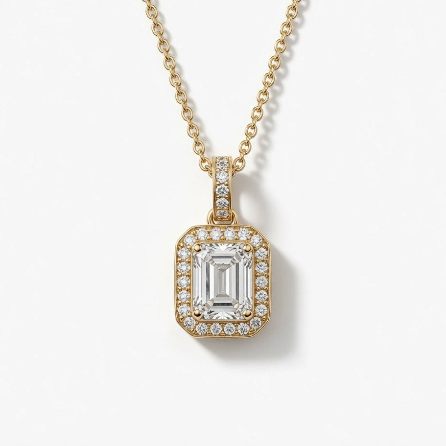 Emerald Cut Halo Pendant | 925 Sterling Silver Jewelry by Cilhouette