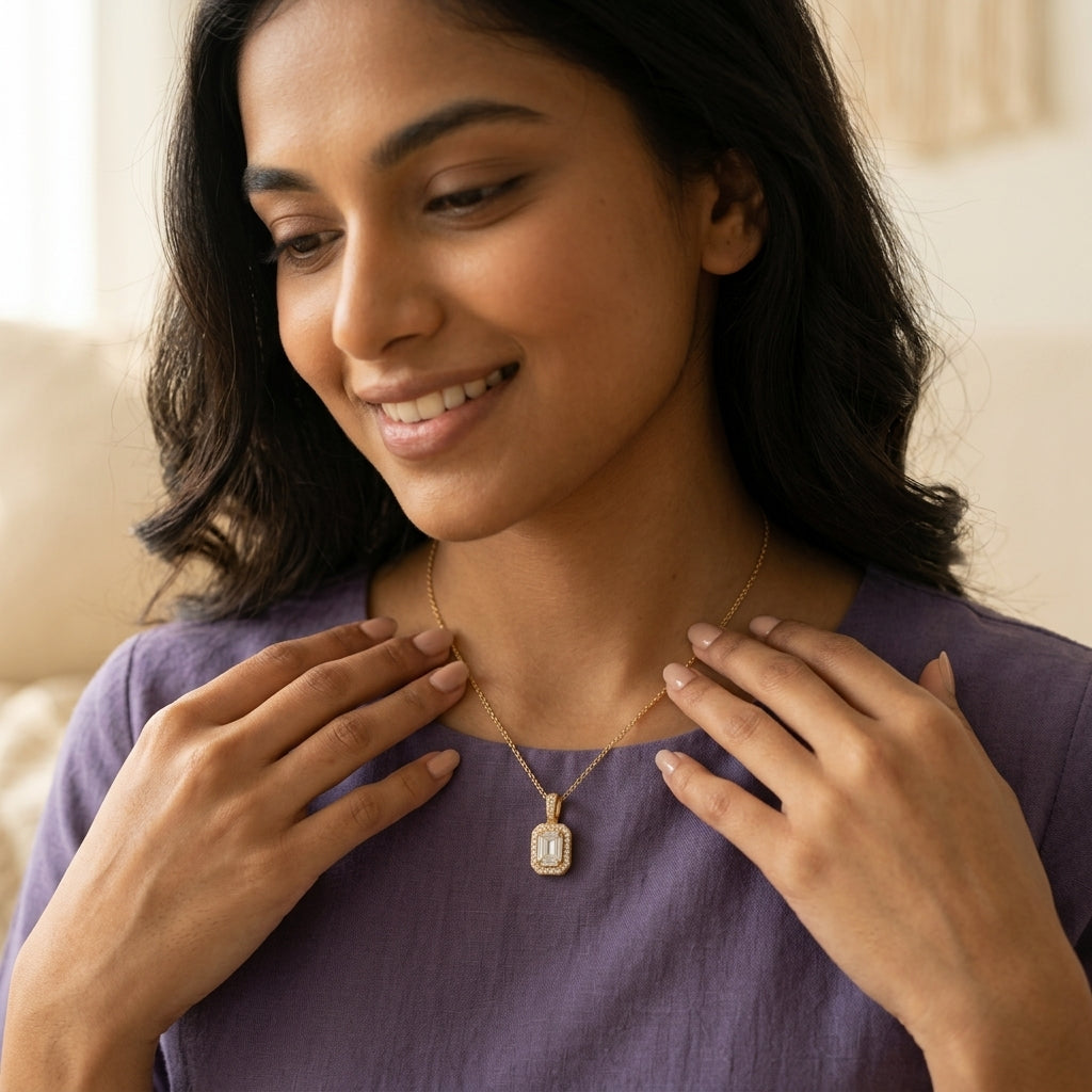 Emerald Cut Halo Pendant