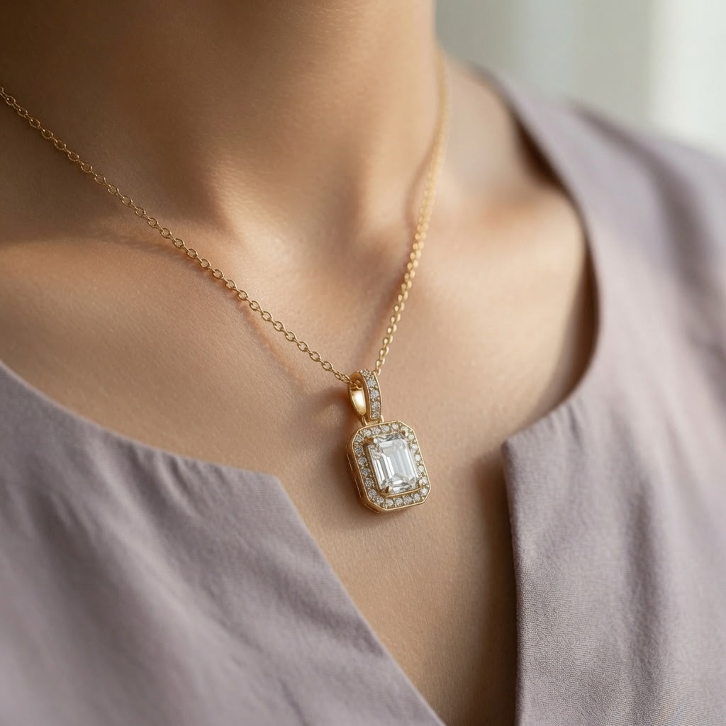 Emerald Cut Halo Pendant – worn on neck | 925 Sterling Silver Jewelry by Cilhouette