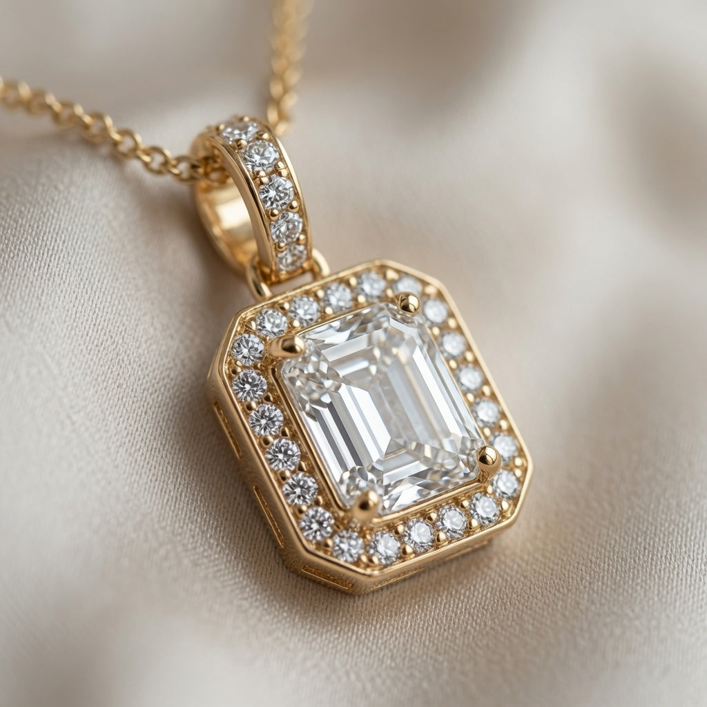Emerald Cut Halo Pendant – close-up detail | 925 Sterling Silver Jewelry by Cilhouette