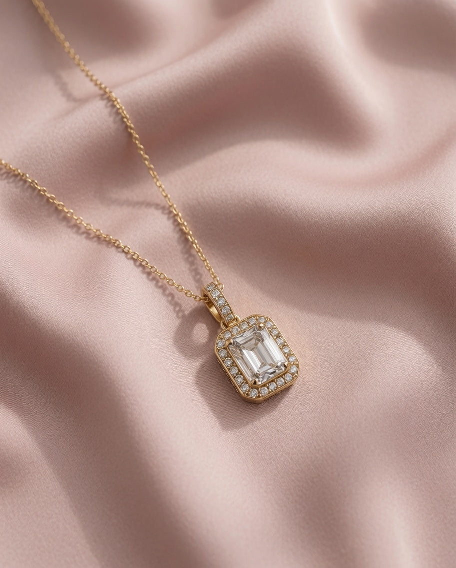 Emerald Cut Halo Pendant | 925 Sterling Silver Jewelry by Cilhouette