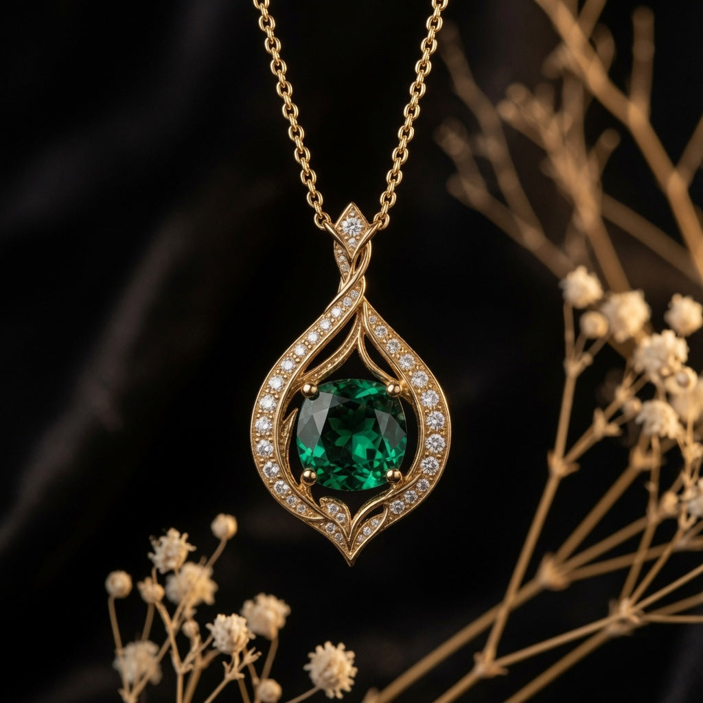 Emerald Leaf Pendant – on black background | 925 Sterling Silver Jewelry by Cilhouette