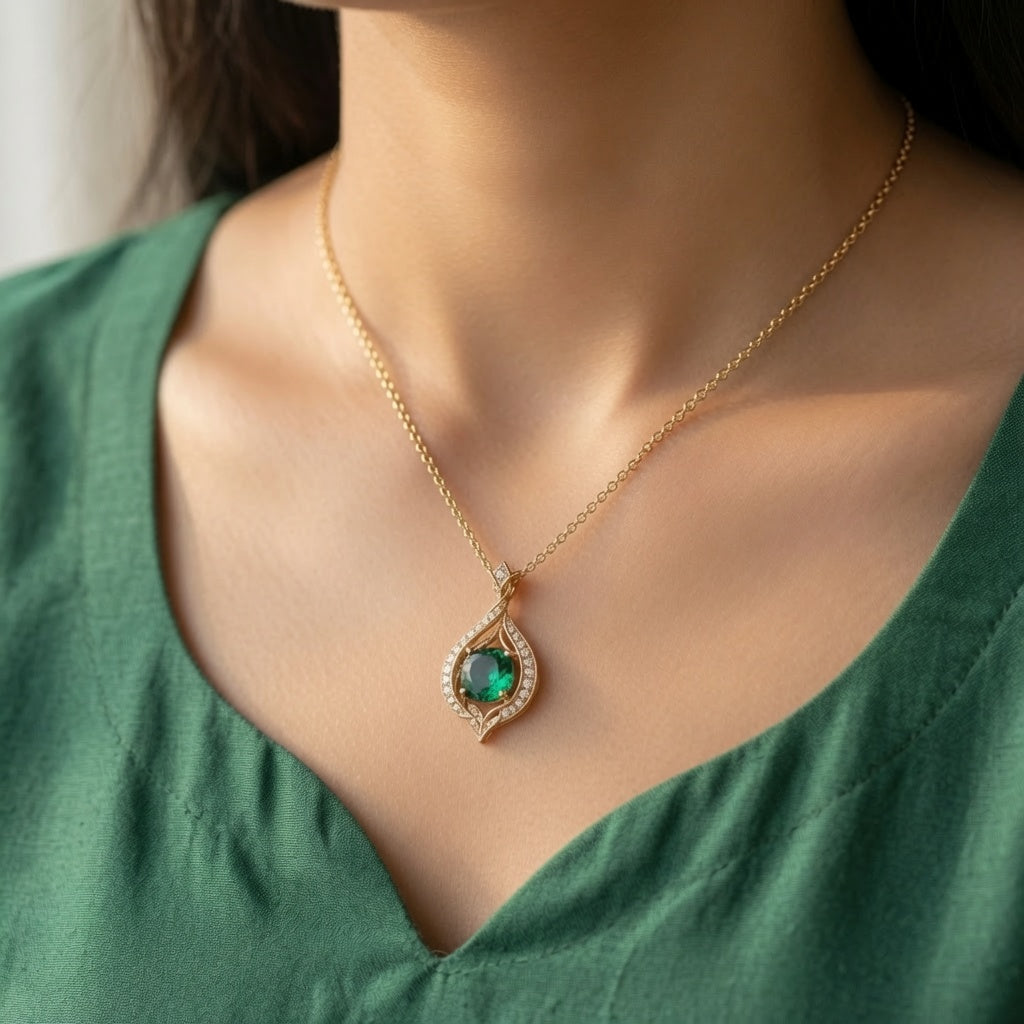 Emerald Leaf Pendant – worn on neck | 925 Sterling Silver Jewelry by Cilhouette