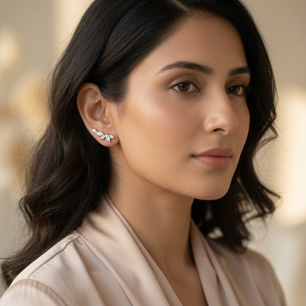 Leaflet Climber Studs – worn by model | 925 Sterling Silver Jewelry by Cilhouette