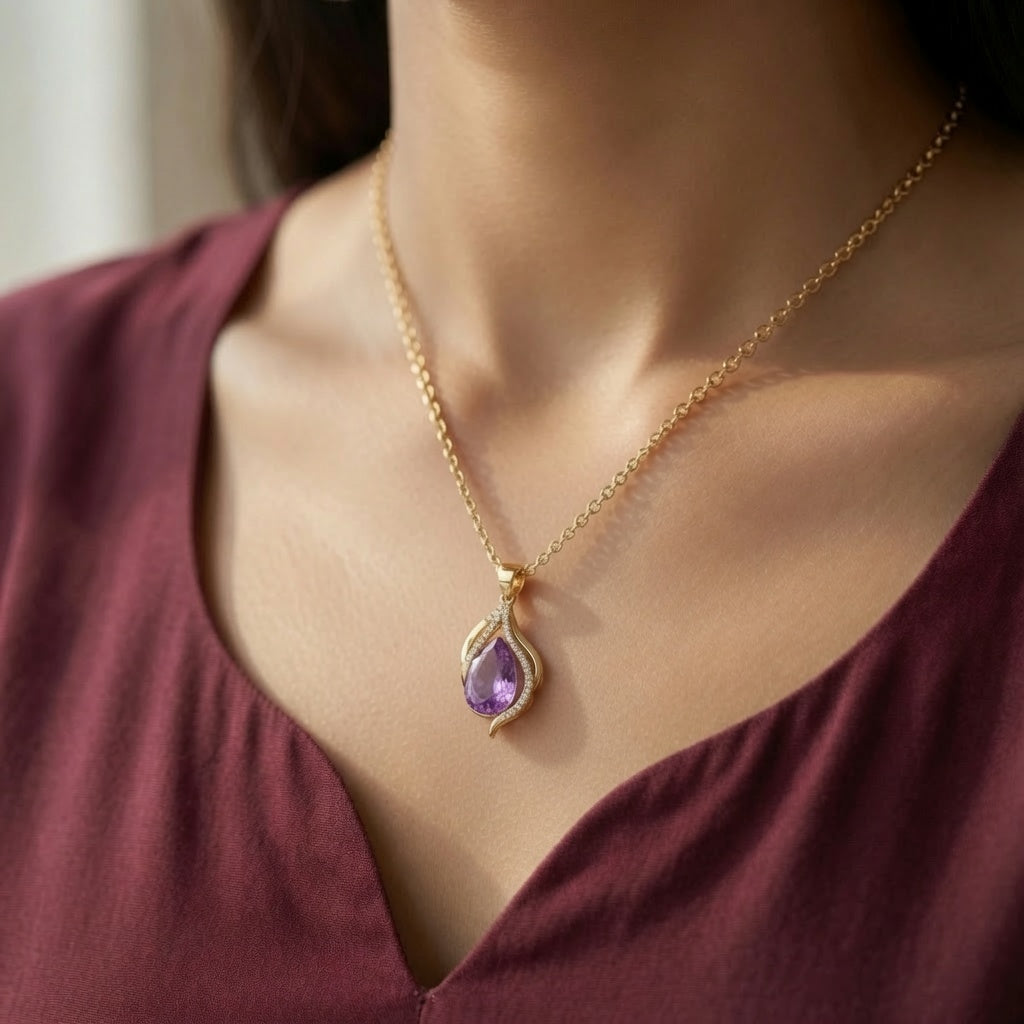 Lilac Flame Pendant – worn on neck | 925 Sterling Silver Jewelry by Cilhouette