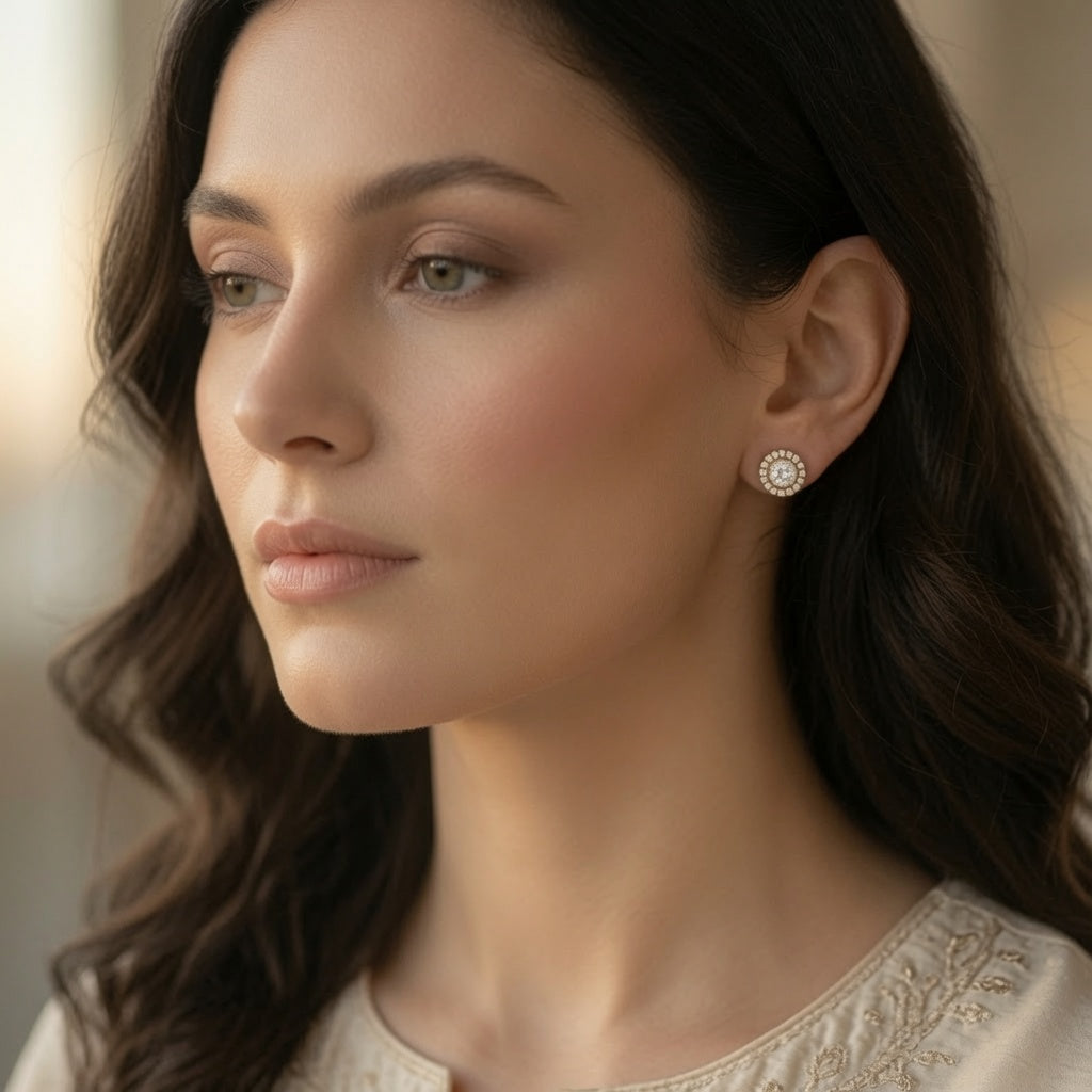 Radiant Halo Studs – worn by model | 925 Sterling Silver Jewelry by Cilhouette
