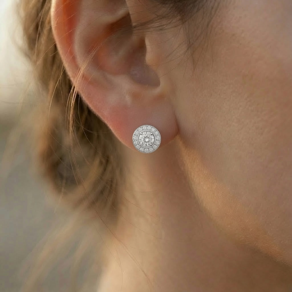 Radiant Halo Studs – close-up detail | 925 Sterling Silver Jewelry by Cilhouette