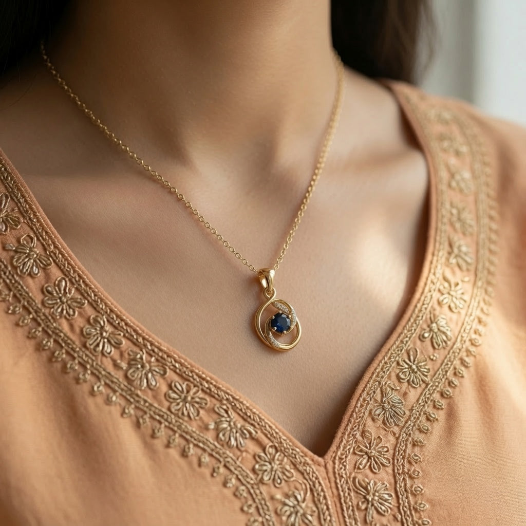 Sapphire Swirl Pendant – worn on neck | 925 Sterling Silver Jewelry by Cilhouette