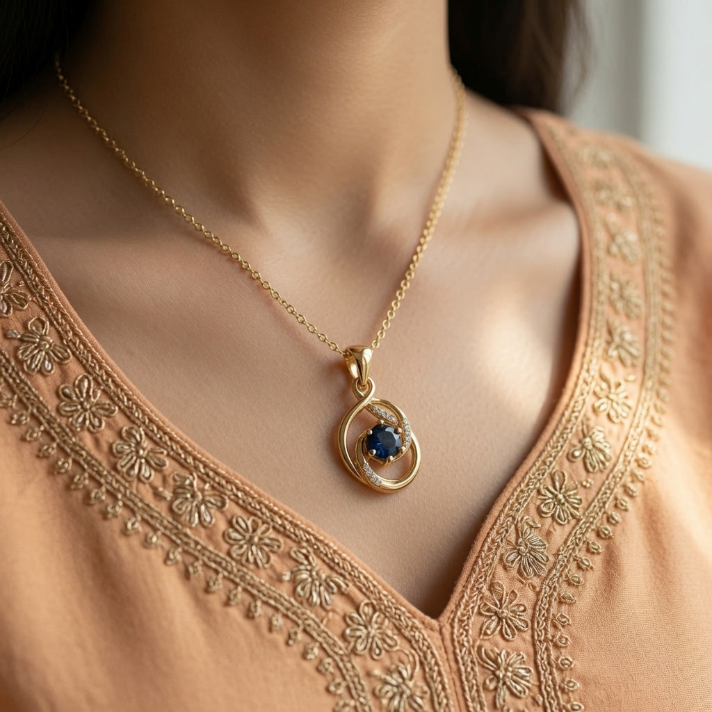 Sapphire Swirl Pendant – worn on neck, close-up detail | 925 Sterling Silver Jewelry by Cilhouette