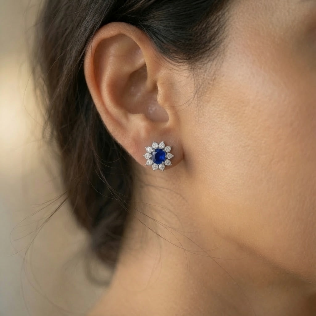 Sunburst Halo Studs – blue stone – close-up detail | 925 Sterling Silver Jewelry by Cilhouette