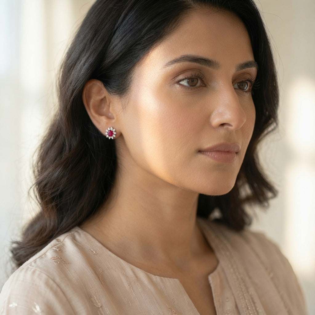 Sunburst Halo Studs – worn by model | 925 Sterling Silver Jewelry by Cilhouette