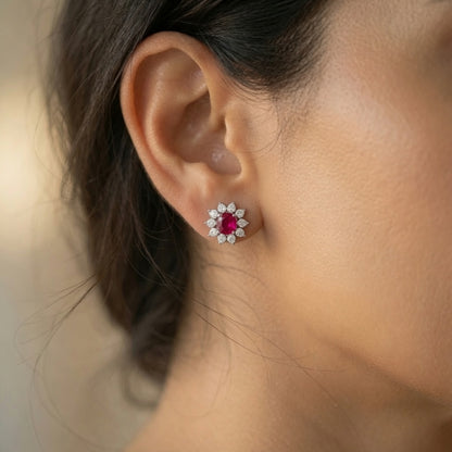 Sunburst Halo Studs – red stone – close-up detail | 925 Sterling Silver Jewelry by Cilhouette