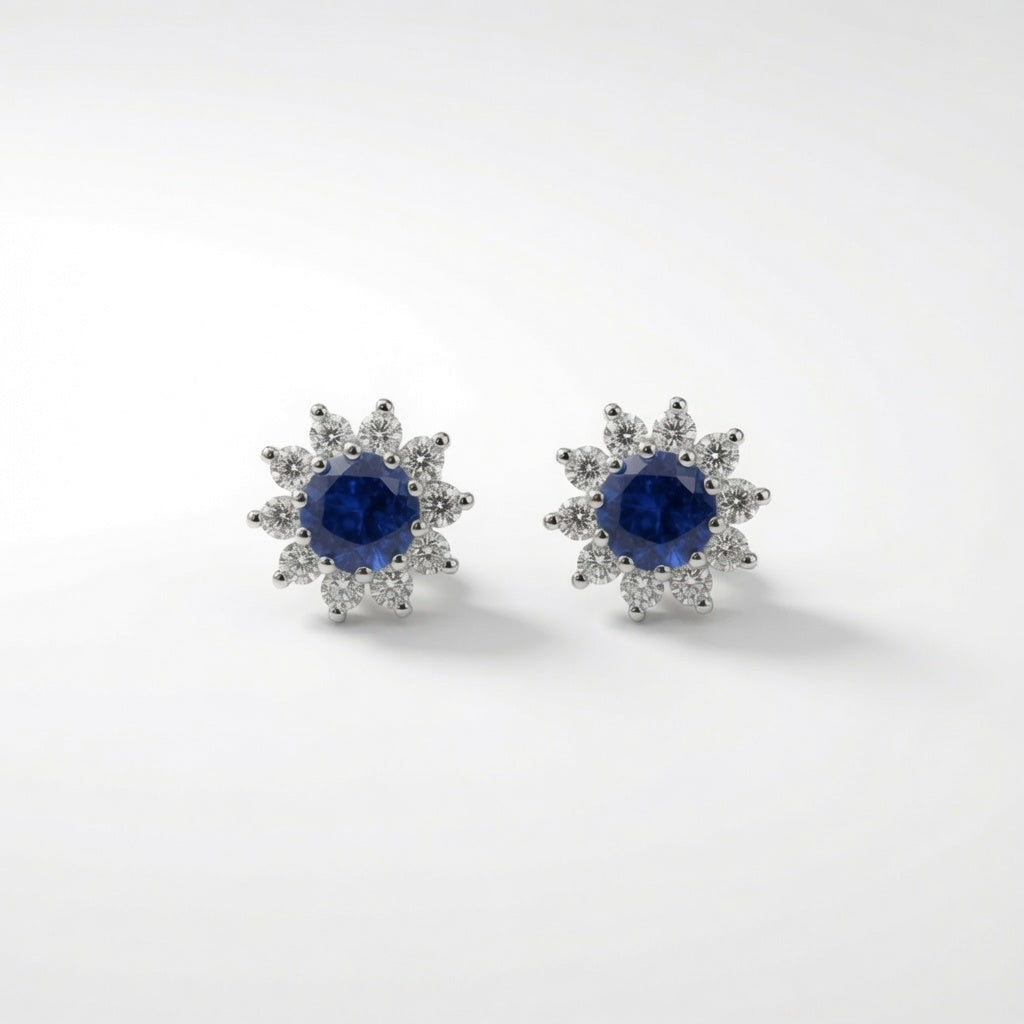 Sunburst Halo Studs – blue stone | 925 Sterling Silver Jewelry by Cilhouette