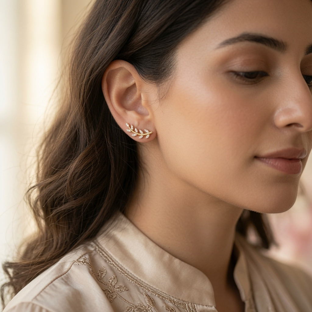 Vine Leaf Climbers – gold-plated – worn by model | 925 Sterling Silver Jewelry by Cilhouette